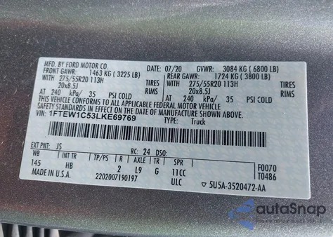 2020 Ford F-150 Lariat from USA, damaged, VIN 1FTEW1C53LKE69769